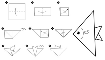 How to make origami triangle fish. Step by step simple black and white DIY instructions. - obrazy, fototapety, plakaty