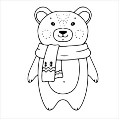Scarf bear in doodle or boho style. Simple sketched line art. Winter vector illustration isolated on white background.