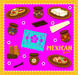 set of mexican dishes; sopes, enchiladas and tostada.