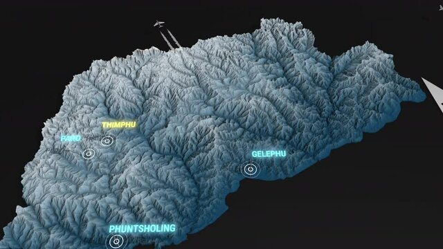 Seamless looping animation of the 3d terrain map at nighttime of Bhutan with the capital and the biggest cites in 4K resolution