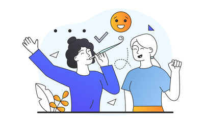 Happy young girls. Cute female characters on holiday. Women happy with completion of project. Cheerful cartoon lady in great mood. Cartoon flat vector illustration isolated on white background