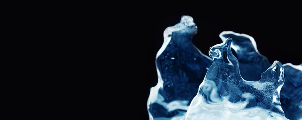 Textured frozen ice or icicle on dark background. Abstract frozen water shape macro view. Xmas decorative template wallpaper. Shallow depth of field, copy space. © besjunior