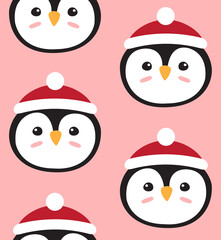 Vector seamless pattern of flat cartoon hand drawn penguin face in hat isolated on pink background