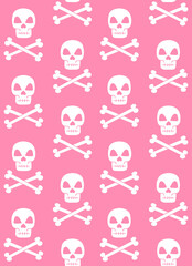 Vector seamless pattern of hand drawn doodle sketch skull and crossed bones isolated on pink background