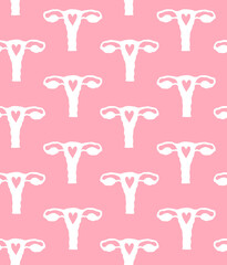 Vector seamless pattern of flat hand drawn uterus silhouette and heart isolated on pink background