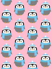 Vector seamless pattern of flat cartoon hand drawn penguin in hat and scarf isolated on pink background
