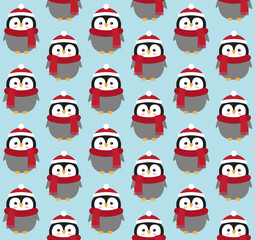 Vector seamless pattern of flat cartoon hand drawn penguin in hat and scarf isolated on blue background