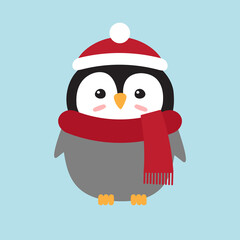 Vector flat cartoon hand drawn penguin in hat and scarf isolated on blue background