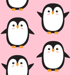 Naklejka premium Vector seamless pattern of flat cartoon hand drawn penguin isolated on pink background