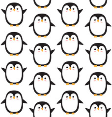 Vector seamless pattern of flat cartoon hand drawn penguin isolated on white background