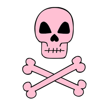 Vector hand drawn doodle sketch pink colored skull and crossed bones isolated on white background