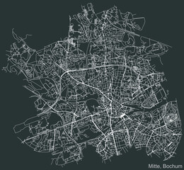 Detailed negative navigation urban street roads map on dark gray background of the quarter Bochum-Mitte district of the German regional capital city of Bochum, Germany