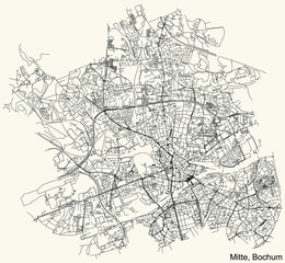 Detailed navigation urban street roads map on vintage beige background of the quarter Bochum-Mitte district of the German regional capital city of Bochum, Germany