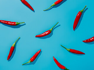 Pattern with red hot chili peppers on vibrant blue background. Creative food concept. Minimal dish, spicy spices for cooking, cayenne pepper idea. Fashion minimal art. Flat lay, overhead.