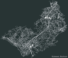 Detailed negative navigation urban street roads map on dark gray background of the quarter Bochum-Südwest district of the German regional capital city of Bochum, Germany