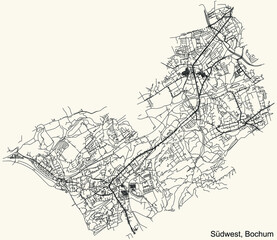 Fototapeta na wymiar Detailed navigation urban street roads map on vintage beige background of the quarter Bochum-Südwest district of the German regional capital city of Bochum, Germany