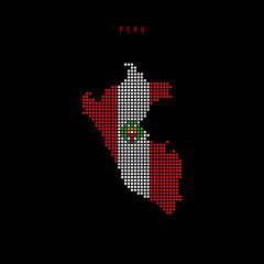 Obraz premium Square dots pattern map of Peru. Dotted pixel map with flag colors. Vector illustration