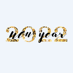 Happy new year 2022 with golden numbers on a white background. Holidays content