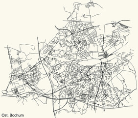 Fototapeta na wymiar Detailed navigation urban street roads map on vintage beige background of the quarter Bochum-Ost district of the German regional capital city of Bochum, Germany