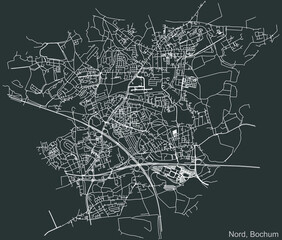 Detailed negative navigation urban street roads map on dark gray background of the quarter Bochum-Nord district of the German regional capital city of Bochum, Germany
