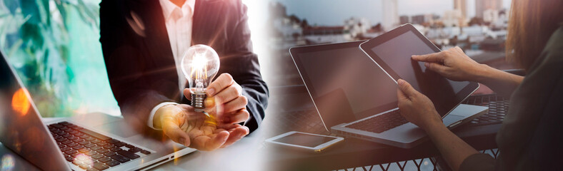 Businessman holding tablet and showing a growing virtual hologram of statistics, graph and chart with arrow up on dark background. Stock market. Business growth, planing and strategy concept.