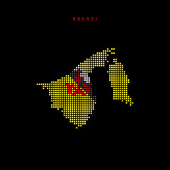Obraz premium Square dots pattern map of Brunei. Dotted pixel map with flag colors. Vector illustration