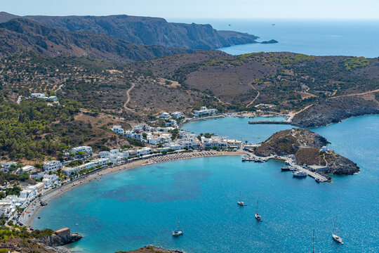 Kapsali village and beach view from the top of Castle of Chora (Fortezza), Kythera island, Greece