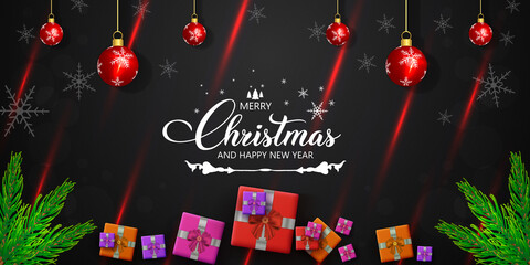 Merry christmas and new year background with ornaments in realistic style