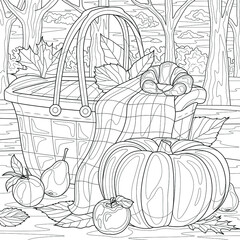 Autumn picnic at the park. Pumpkin and fruits.Coloring book antistress for children and adults. Illustration isolated on white background.Zen-tangle style. Hand draw