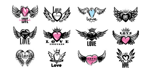 A set of drawn vector illustrations of hearts and wings on a white background © butenkow