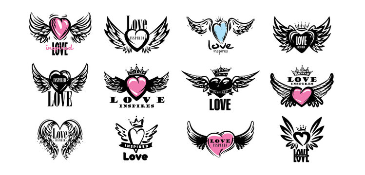 A set of drawn vector illustrations of hearts and wings on a white background