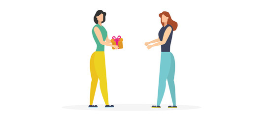 girl gives a girl a gift, attention to another, thanks to a friend, vector illustration