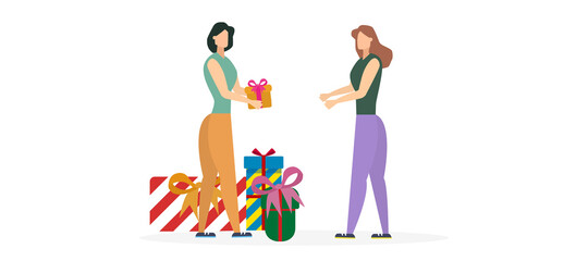 girl gives a girl a gift, attention to another, thanks to a friend, vector illustration