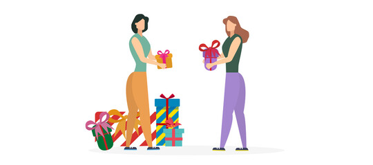 girl gives a girl a gift, attention to another, thanks to a friend, vector illustration