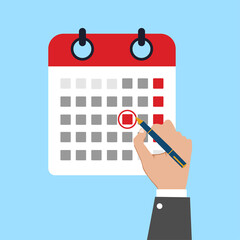 Mark calendar. Vector illustration flat style. Close-up hand businessman with red pen. Date circled. Cartoon style. Week day month.