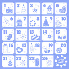 Fototapeta na wymiar advent calendar for 2022, christmas greetings, in the same style blue color, christmas icons set