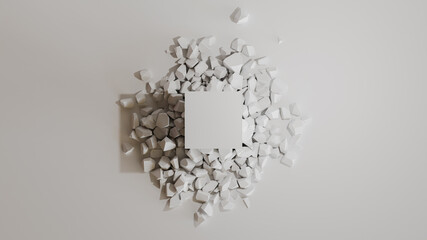 white cube on a pile of messy rubble 3d rendering