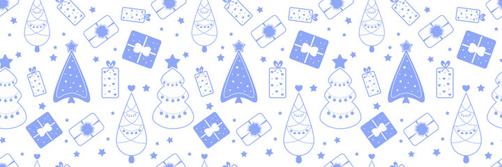 Fototapeta na wymiar pattern with snowflakes, winter pattern, blue background with gifts for new year and christmas, vector christmas tree