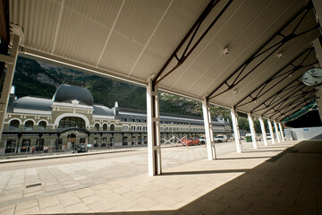 Canfranc, Spain - September 8, 2021: Abandoned train station under rehabilitation in Canfranc Huesca, Spain.