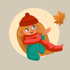 Naklejka premium cute girl in a warm sweater with a scarf waves her hand. autumn card template. Flying leaf. A girl with red hair rejoices in the fall.