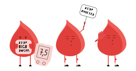 A set of blood drops on the topic stop diabetes. Vector medical illustration in flat style.