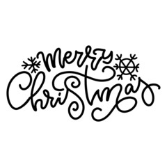 Merry Christmas - lettering typography. Calligraphic hand drawn text overlay design. Vector vords isolated on white background with snowflakes.