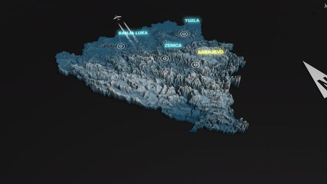 Seamless looping animation of the 3d terrain map at nighttime of Bosnia and Herzegovina with the capital and the biggest cites in 4K resolution