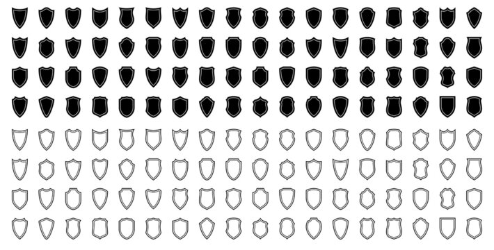 Set of flat silhouette icons of protective shields. Knightly military shield insignia of different shapes. Vector elements.	