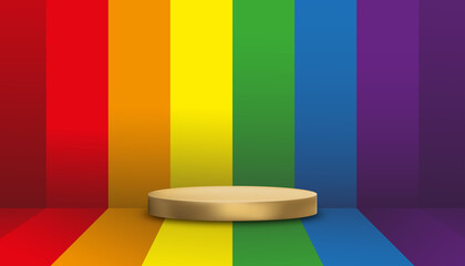 Empty wall studio room with gold podium Rainbow pride LGBT flag backgroud, Vector illustration Graphic design sign mockup backdrop for Lesbian, gay, bisexual and transgender