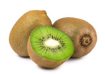 Ripe sweet kiwi and kiwi slice isolated on white background. Fresh fruits.