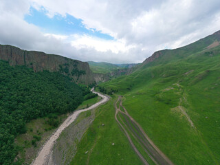 A wonderful mountain road with a serpentine in the North Caucasus from the Narzan Valley to Dzhily-Su, Russia
