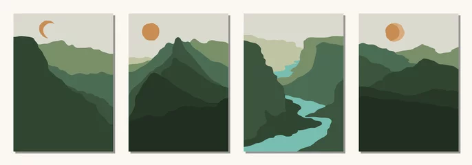 Poster Satz von vier schönen vertikalen abstrakten minimalen Landschaften, Hintergründen oder Kartenvorlagen in modernen Farben, im populären Kunststil © CreativeUniverse
