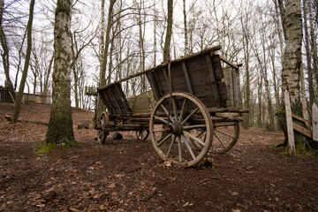 Fototapeta na wymiar Old wooden carriage in the forest, Sion, Czech republic