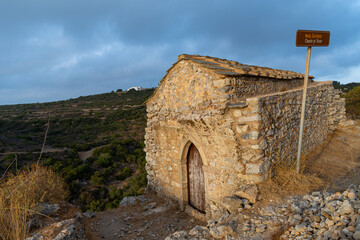 Fototapeta na wymiar Castle of Kato Chora ruins near Mylopotamos village, Kythera island, Greece